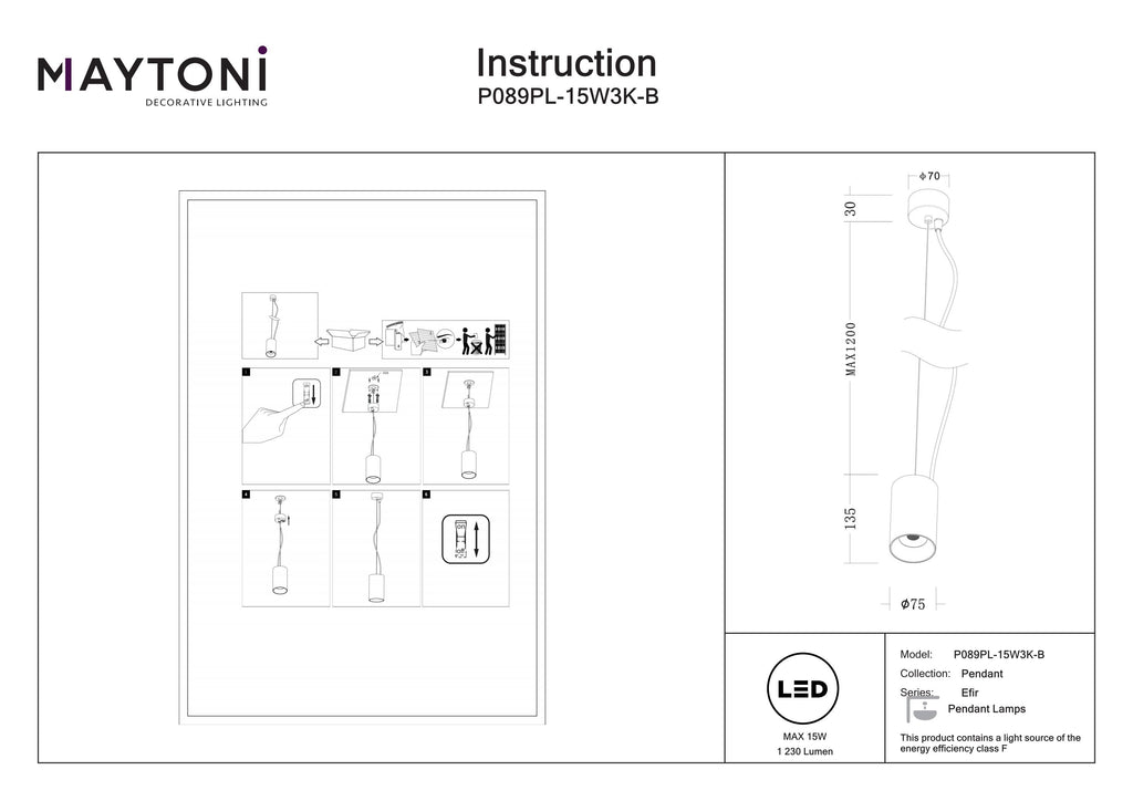 Lampa wisząca Technical Efir IP20 x P089PL-15W3K-B | Czarny