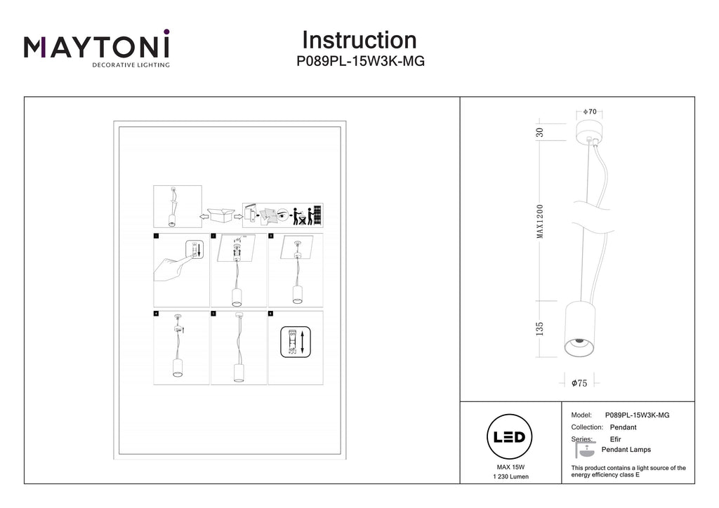 Lampa wisząca Technical Efir IP20 x P089PL-15W3K-MG | Matowe złoto