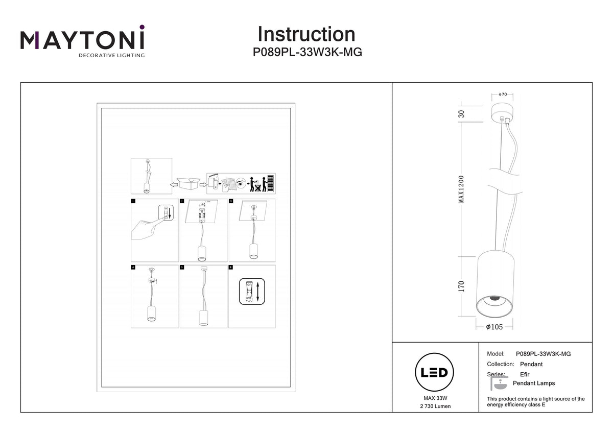 Lampa wisząca Technical Efir IP20 x P089PL-33W3K-MG | Matowe złoto