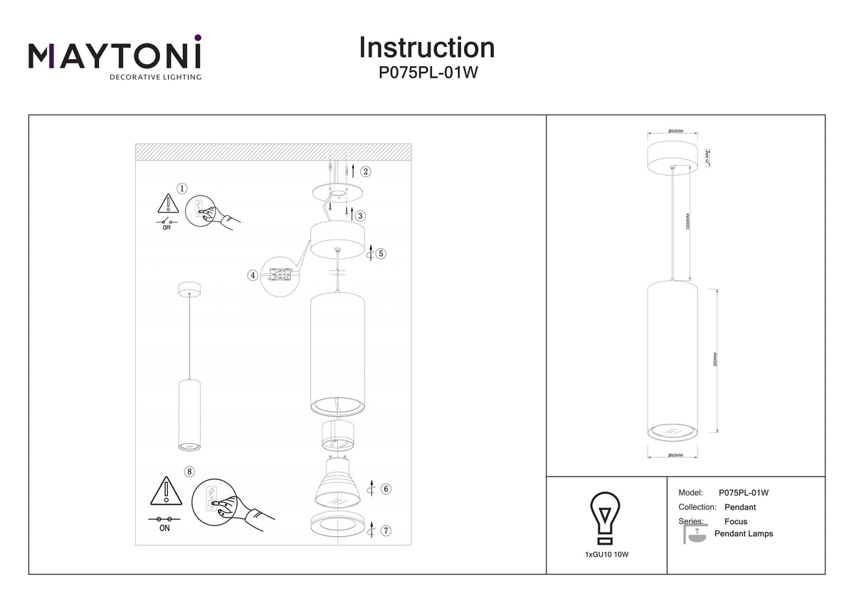 Lampa wisząca Technical Focus IP20 1xGU10 P075PL-01W | Biały