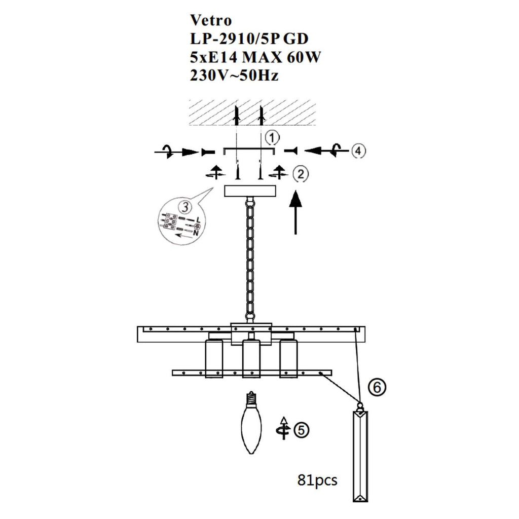 Lampa wisząca VETRO, złoty/transparentny, 5x40W E14