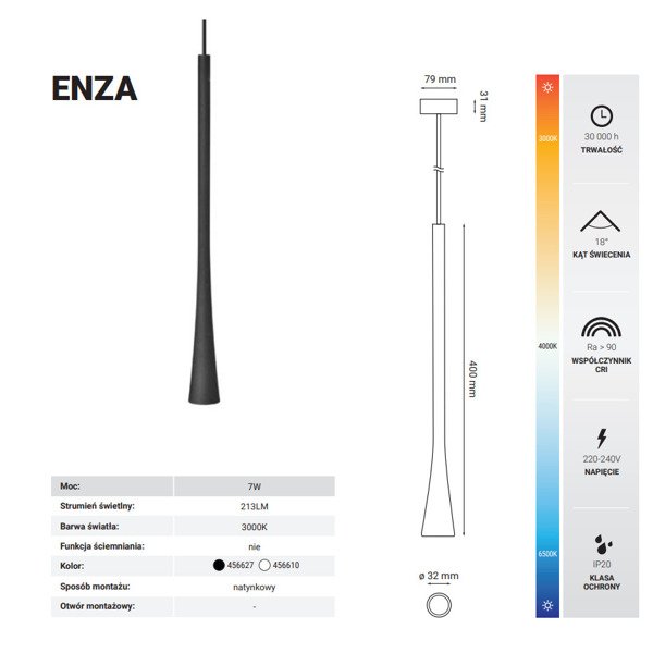 Lampa wisząca nowoczesna sopel ENZA 7W ciepła 3000K czarny śr. 3,2cm | oxyled-456627