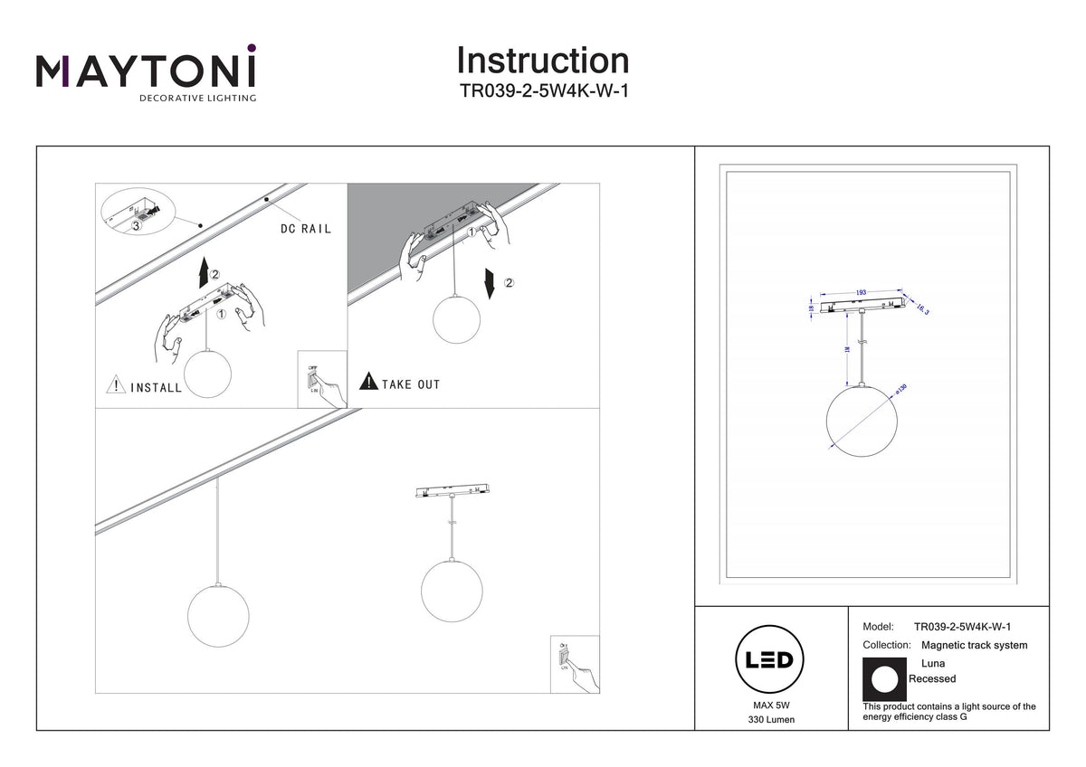 Lampa wisząca szynowa Technical Luna IP20 x TR039-2-5W4K-W-1 | Biały