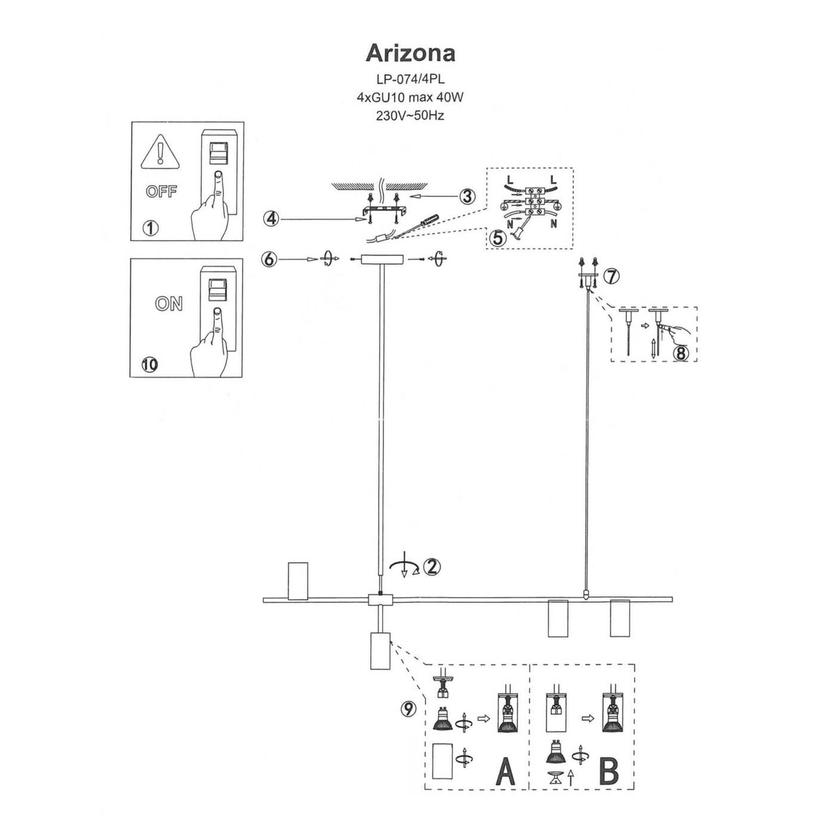 Nowoczesna lampa wisząca ARIZONA 4, czarny/złoty, 4x40W GU10