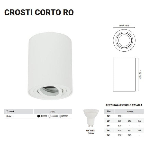 Oprawa sufitowa spot tuba natynkowa CROSTI CORTO RO biały śr. 9,7cm | oxyled-455545