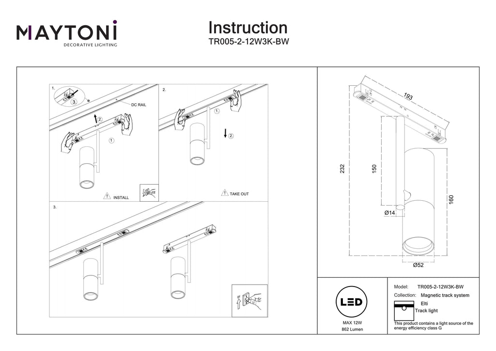 Oświetlenie szynowe Technical Elti IP20 x TR005-2-12W3K-BW | Czarny