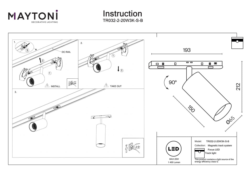 Oświetlenie szynowe Technical Focus LED IP20 x TR032-2-20W3K-S-B | Czarny
