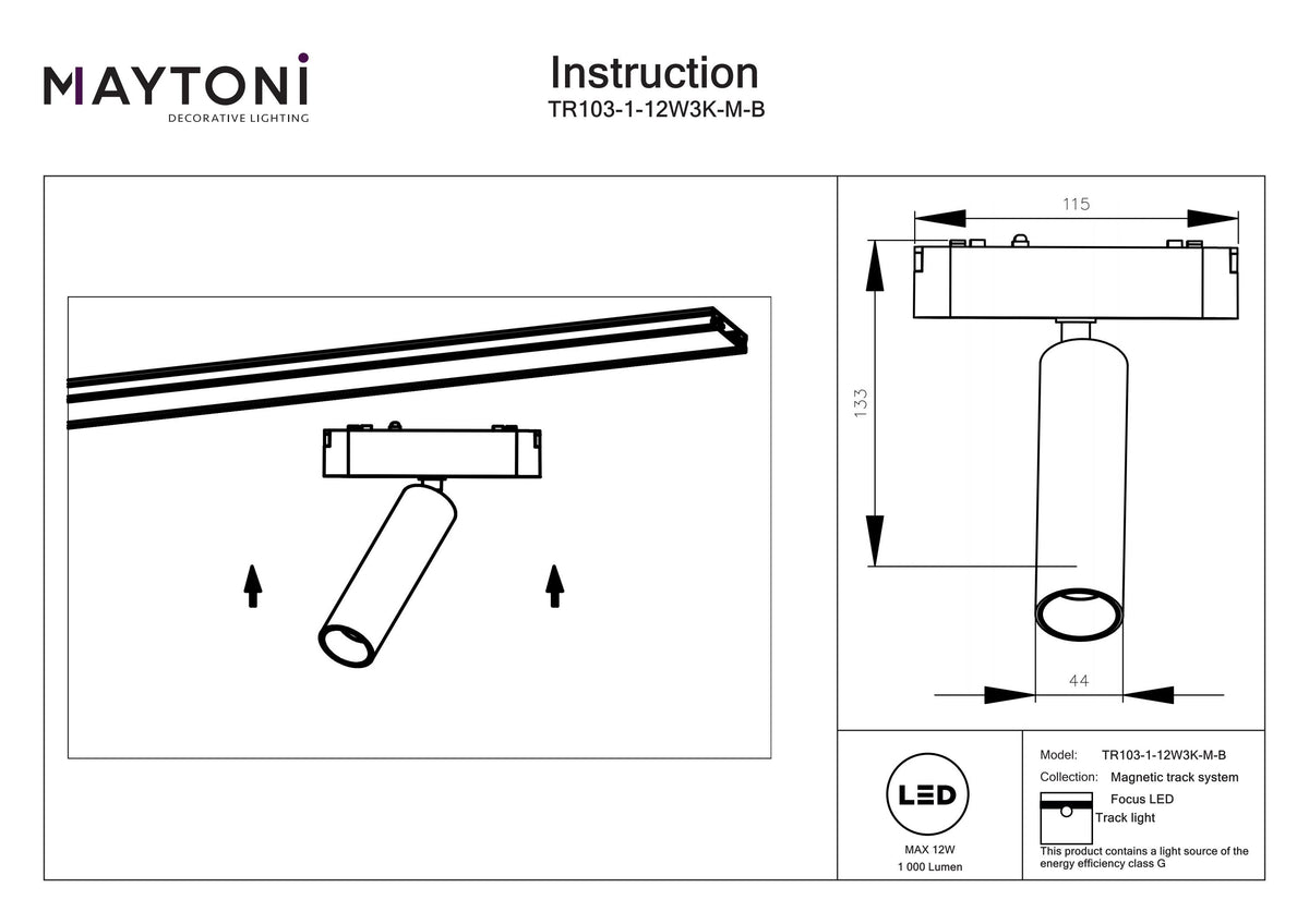 Oświetlenie szynowe Technical Focus LED IP20 x TR103-1-12W3K-M-B | Czarny