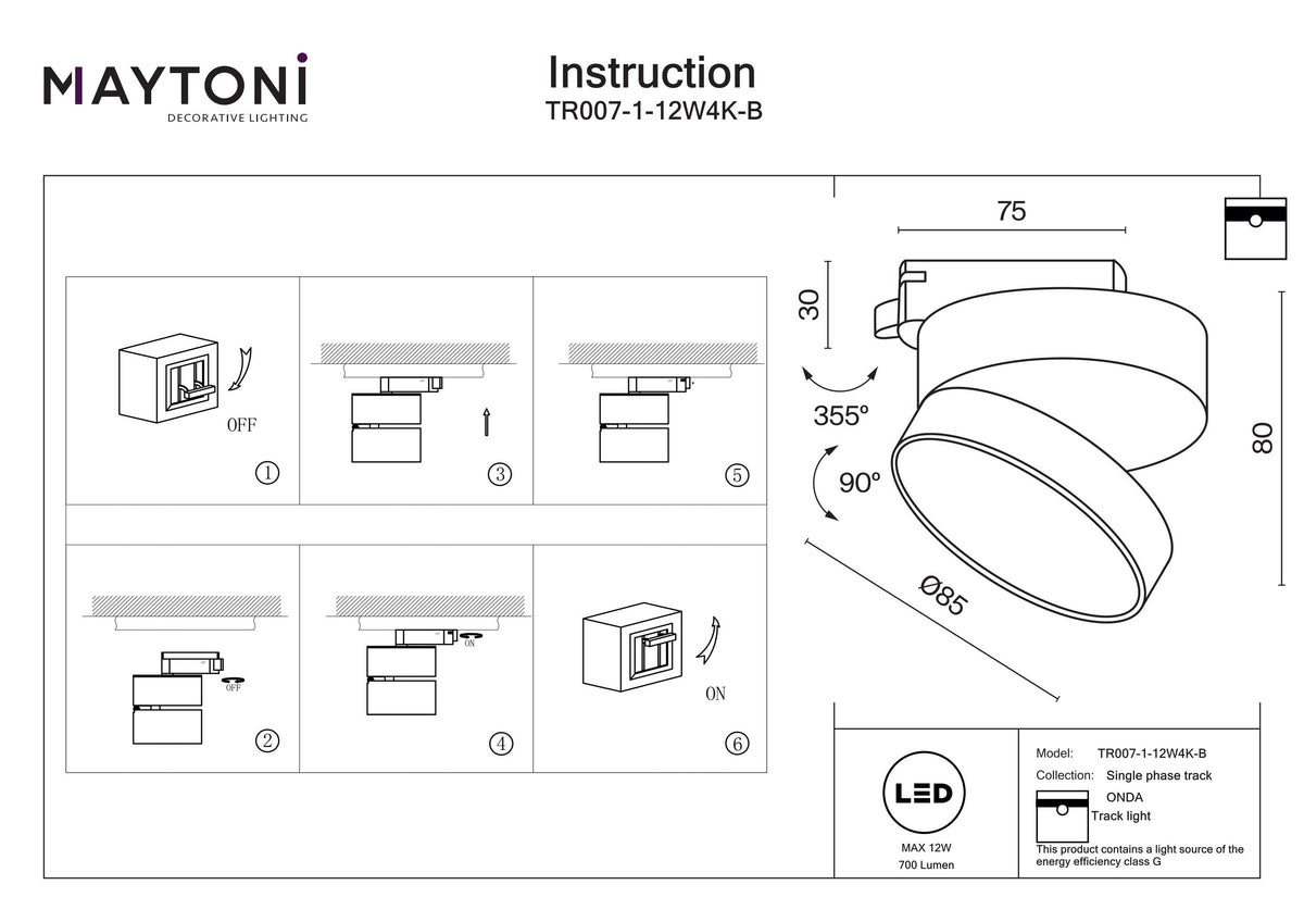 Oświetlenie szynowe Technical ONDA IP20 x TR007-1-12W4K-B | Czarny
