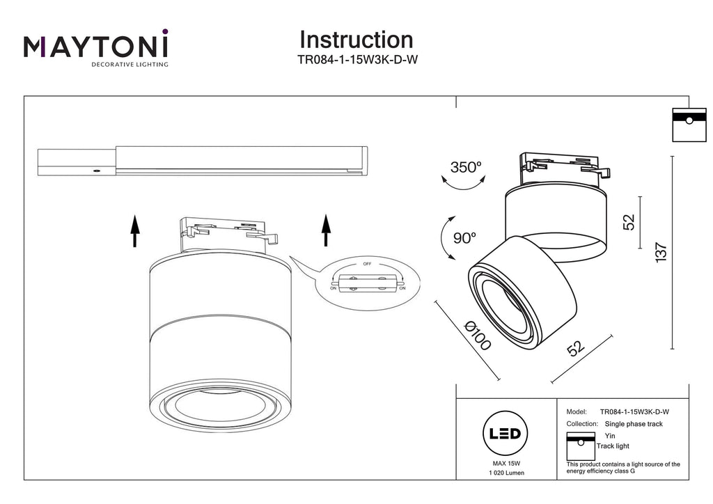 Oświetlenie szynowe Technical Yin IP20 x TR084-1-15W3K-D-W | Biały