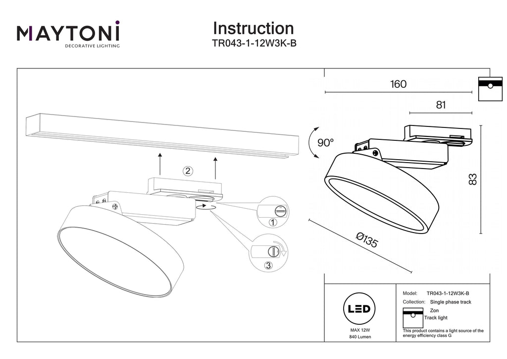 Oświetlenie szynowe Technical Zon IP20 x TR043-1-12W3K-B | Czarny