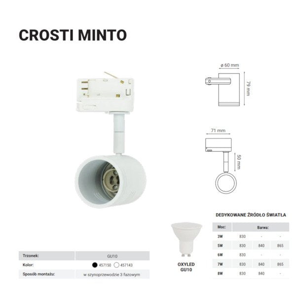 Reflektor do szyno-przewodu 3 fazowego CROSTI MINTO biały GU10 | oxyled-457143