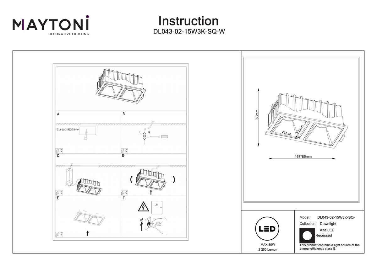 Światło punktowe Technical Alfa LED IP20 x DL043-02-15W3K-SQ-W | Biały