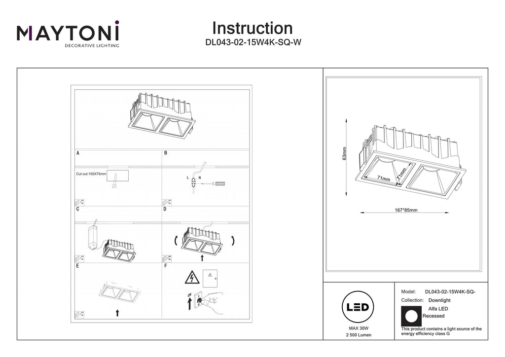 Światło punktowe Technical Alfa LED IP20 x DL043-02-15W4K-SQ-W | Biały