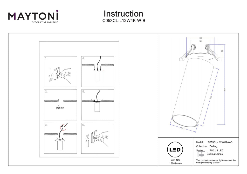 Światło punktowe Technical FOCUS LED IP20 x C053CL-L12W4K-W-B | Czarny