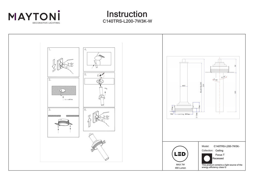 Światło punktowe Technical Focus T IP20 x C140TRS-L200-7W3K-W | Biały