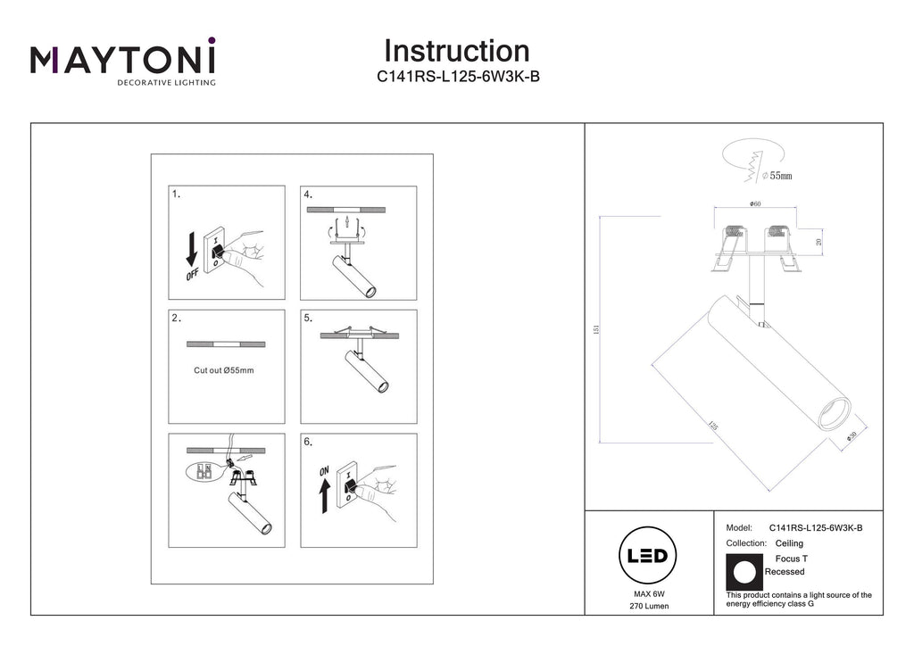 Światło punktowe Technical Focus T IP20 x C141RS-L125-6W3K-B | Czarny