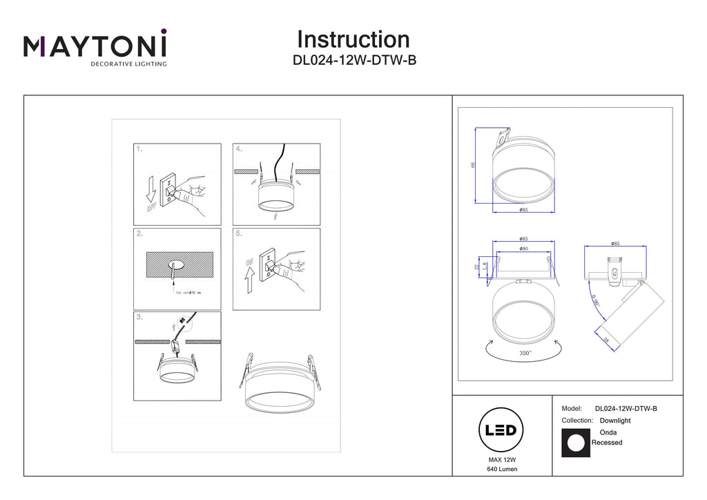 Światło punktowe Technical Onda IP20 x DL024-12W-DTW-B | Czarny