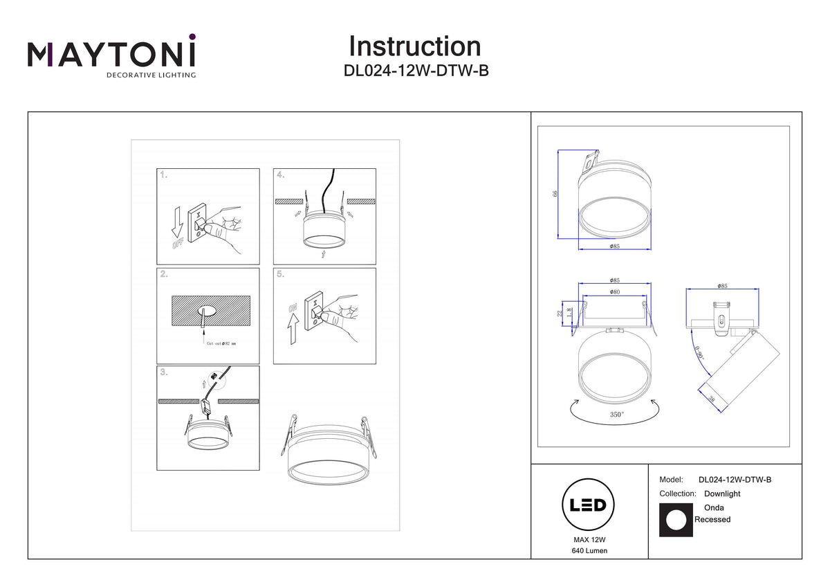 Światło punktowe Technical Onda IP20 x DL024-12W-DTW-B | Czarny