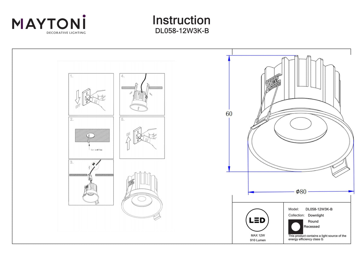 Światło punktowe Technical Round IP20 x DL058-12W3K-B | Czarny