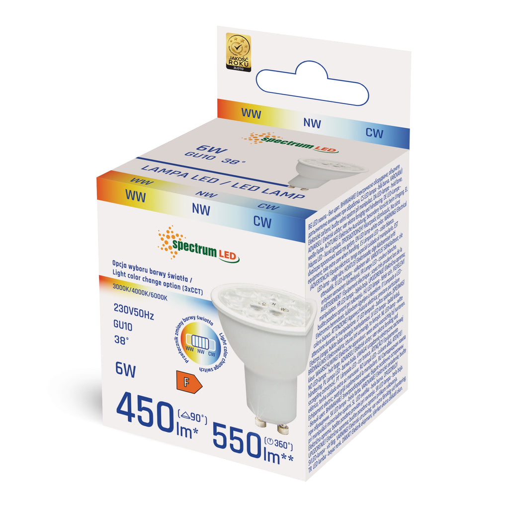 Żarówka LED GU10 ze zmienną barwą CCT 6W 38ST z soczewką SPECTRUM