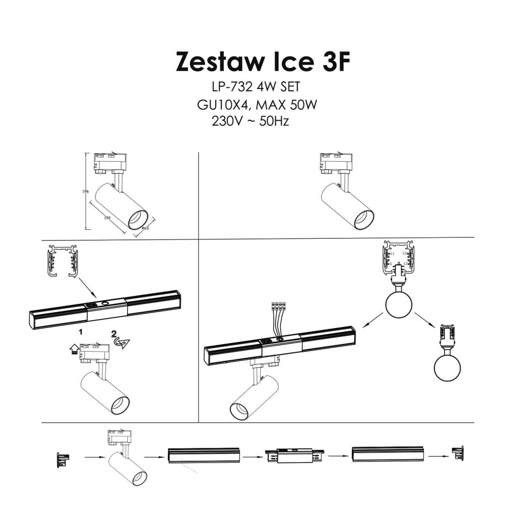 Zestaw szynoprzewodu trójfazowego ICE SET, czarny, 4x50W GU10