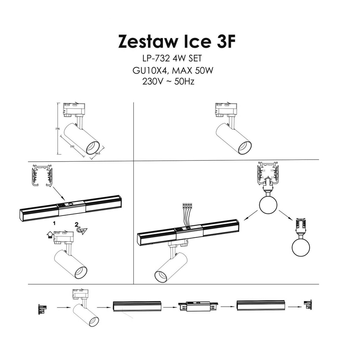 Zestaw szynoprzewodu trójfazowego ICE SET, czarny, 4x50W GU10